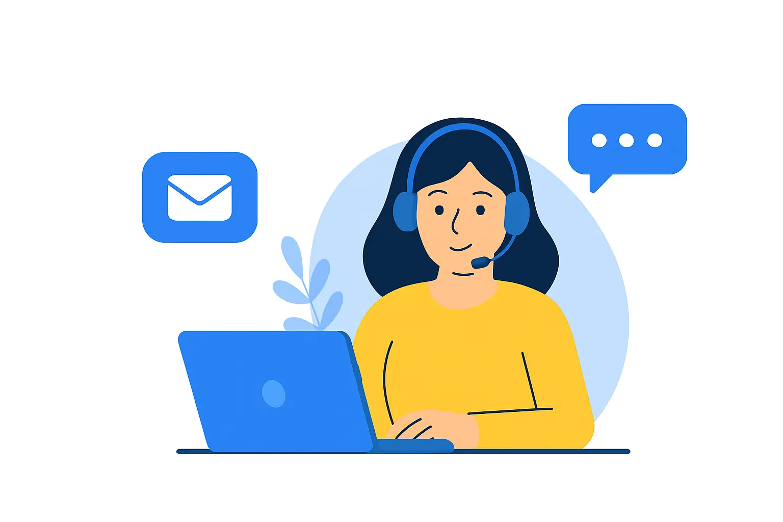 Customer support lady assisting clients through chat and phone